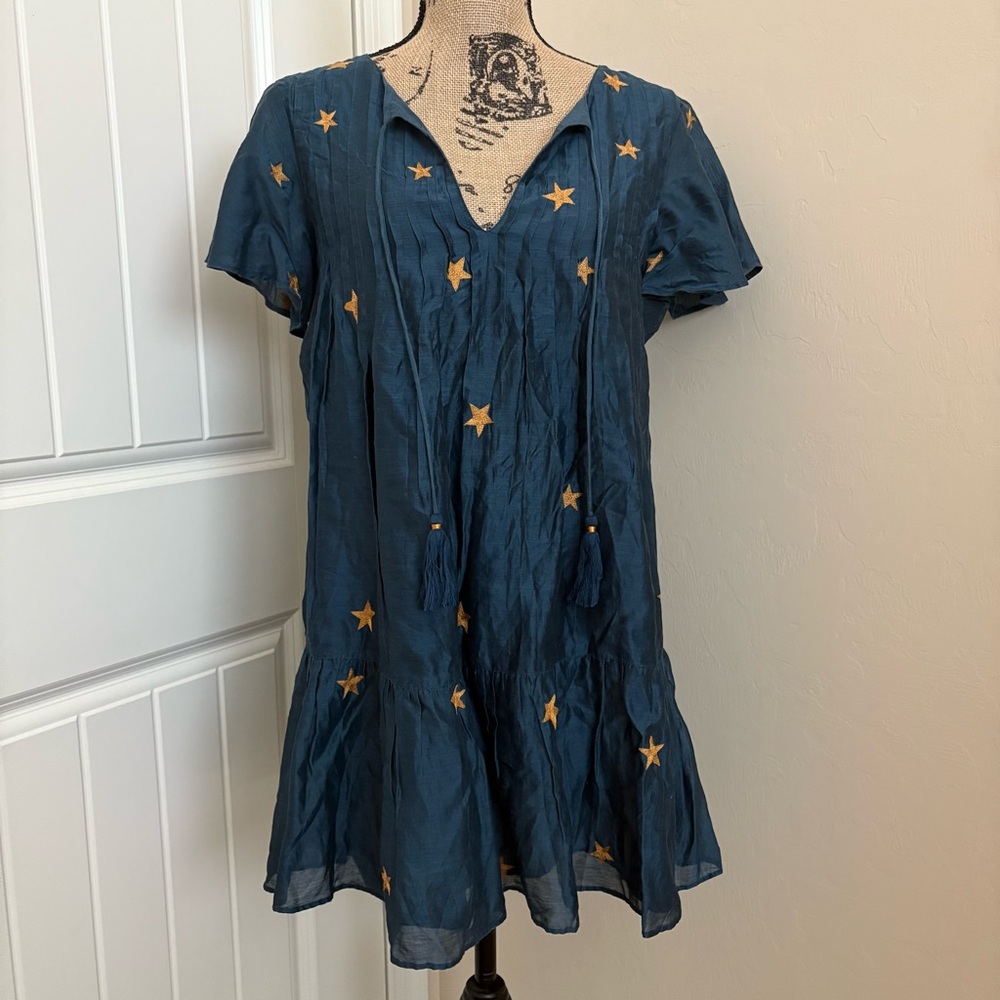 Tularosa Carson Navy Blue & Gold Embroidered Stars Silk Mini Dress